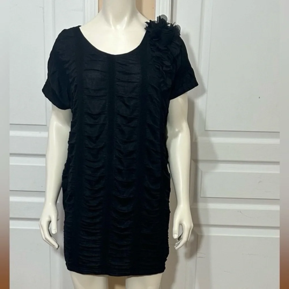 BLACK RUCHED TUNIC MINI DRESS WITH POCKETS ELEGANT CHIC - Picture 2 of 7